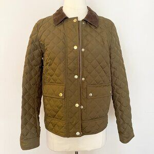 J Crew Dark Olive Green Quilted Barn Jacket with Brown Corduroy Collar Small